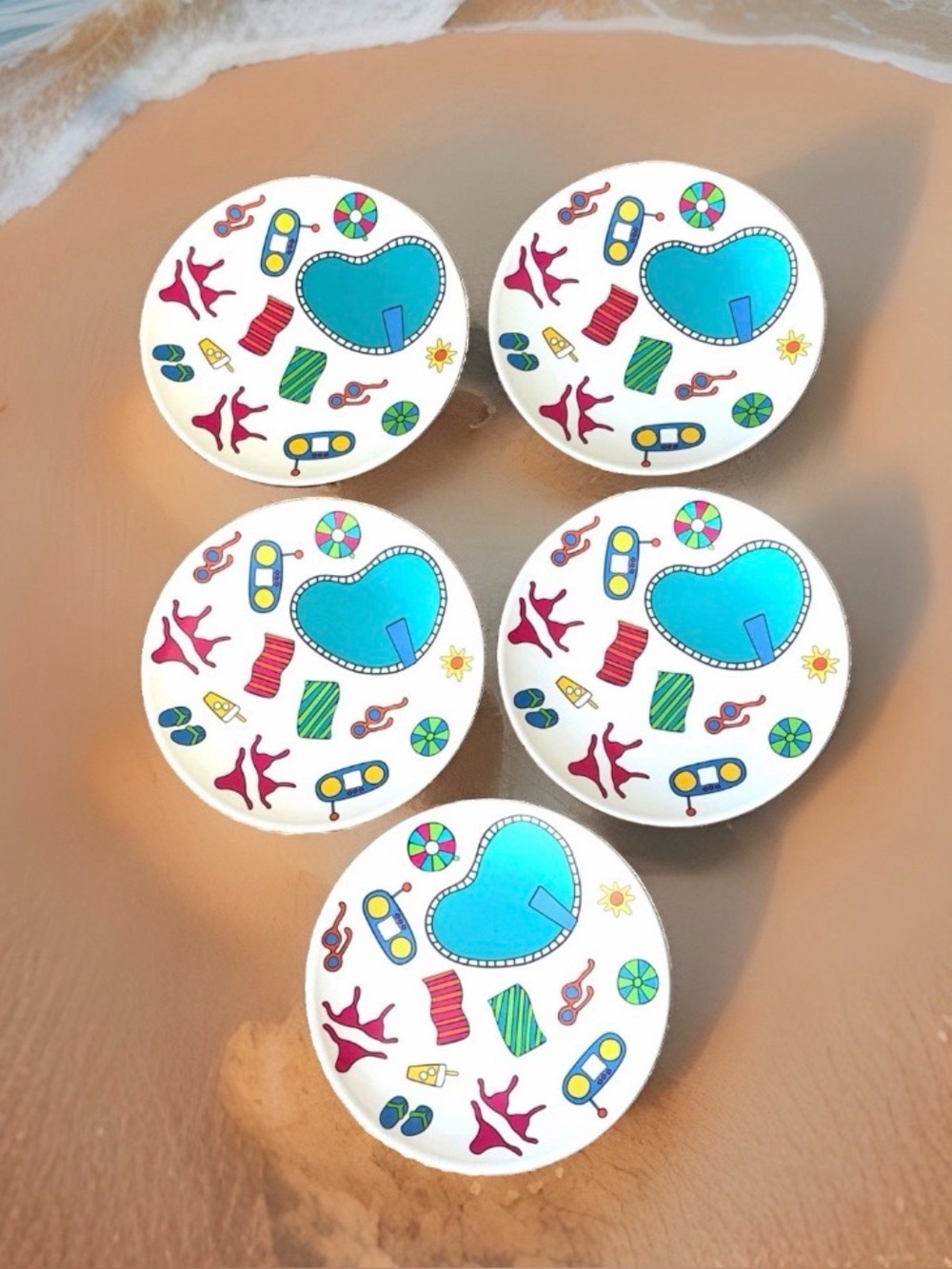 Gottschalks Melamine Dinner Plates Set of 5 Retro Summer Pool Party Print 10.5in